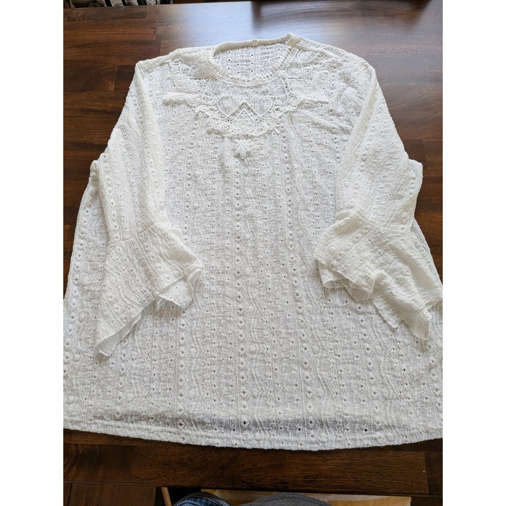 White Eyelet Lace Embroidery Tunic Top Long Bell Sleeve Boho Plus Size 4XL